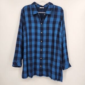J. Jill Gauze Fringe Flannel Plaid Button Front Womens Size XL Blue Flannel